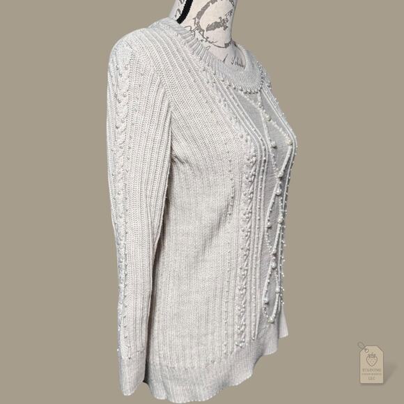 Karl Lagerfeld Paris Sweater XS Ivory Pearl Embellished Cable Knit Crew Neck - Picture 5 of 7